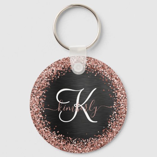 Aangepast Roos Gold Glitter Black Sparkle Monogram Sleutelhanger (Voorkant)
