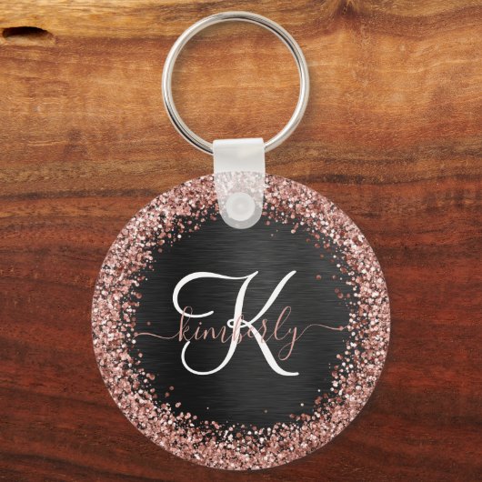 Aangepast Roos Gold Glitter Black Sparkle Monogram Sleutelhanger (Voorkant)