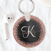 Aangepast Roos Gold Glitter Black Sparkle Monogram Sleutelhanger
