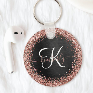 Aangepast Roos Gold Glitter Black Sparkle Monogram Sleutelhanger