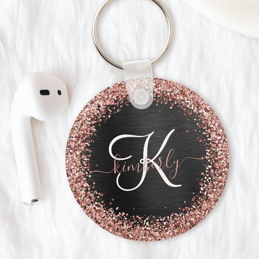 Aangepast Roos Gold Glitter Black Sparkle Monogram Sleutelhanger