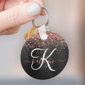 Aangepast Roos Gold Glitter Black Sparkle Monogram Sleutelhanger