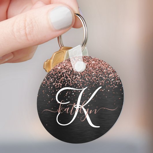 Aangepast Roos Gold Glitter Black Sparkle Monogram Sleutelhanger