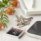 Aangepast Roos Gold Glitter Black Sparkle Monogram Sleutelhanger (Zijkant)