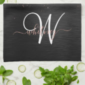 Aangepast Roos Gold Glitter Black Sparkle Monogram Theedoek (Gevouwen)