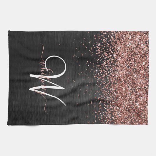 Aangepast Roos Gold Glitter Black Sparkle Monogram Theedoek (Horizontaal)