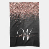 Aangepast Roos Gold Glitter Black Sparkle Monogram Theedoek (Verticaal)