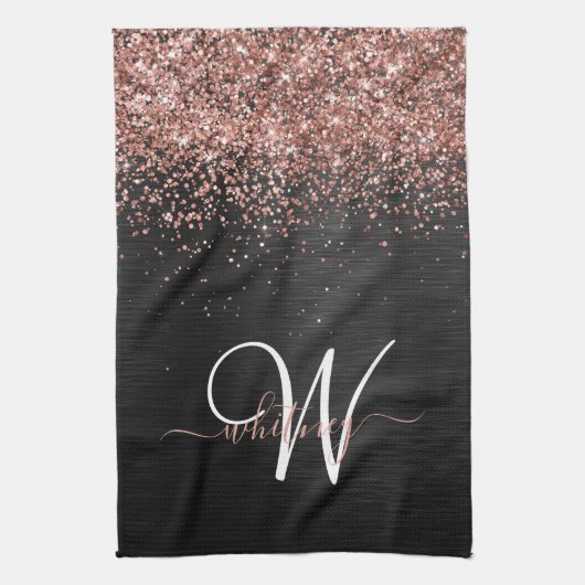 Aangepast Roos Gold Glitter Black Sparkle Monogram Theedoek (Verticaal)