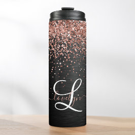 Aangepast Roos Gold Glitter Black Sparkle Monogram Thermosbeker