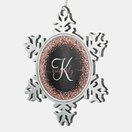 Aangepast Roos Gold Glitter Black Sparkle Monogram Tin Sneeuwvlok Ornament (Rechts)
