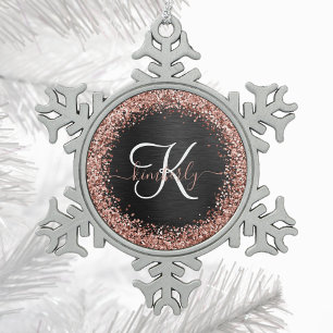 Aangepast Roos Gold Glitter Black Sparkle Monogram Tin Sneeuwvlok Ornament