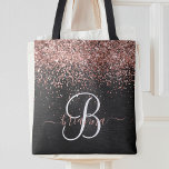 Aangepast Roos Gold Glitter Black Sparkle Monogram Tote Bag<br><div class="desc">Pas dit trendy elegante ontwerp van de canvas tas met  roos gouden mousserende glitter eenvoudig aan op een zwarte geborstelde metalen achtergrond.</div>