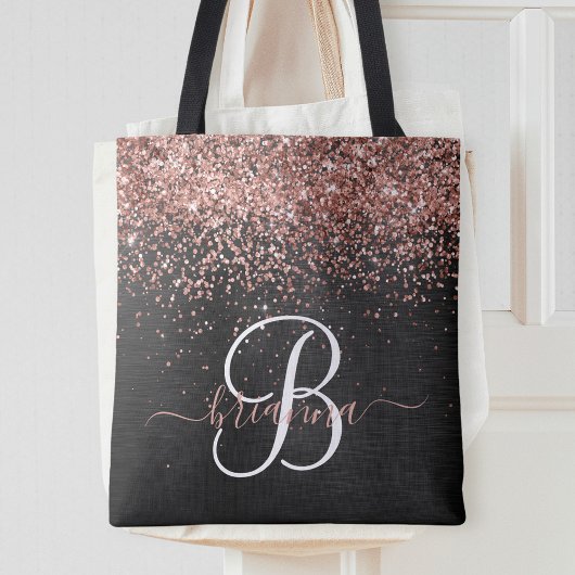 Aangepast Roos Gold Glitter Black Sparkle Monogram Tote Bag