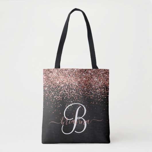 Aangepast Roos Gold Glitter Black Sparkle Monogram Tote Bag (Voorkant)