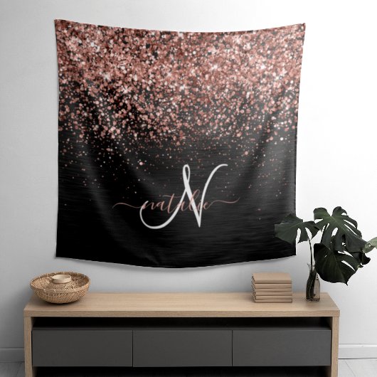 Aangepast Roos Gold Glitter Black Sparkle Monogram Wandkleed