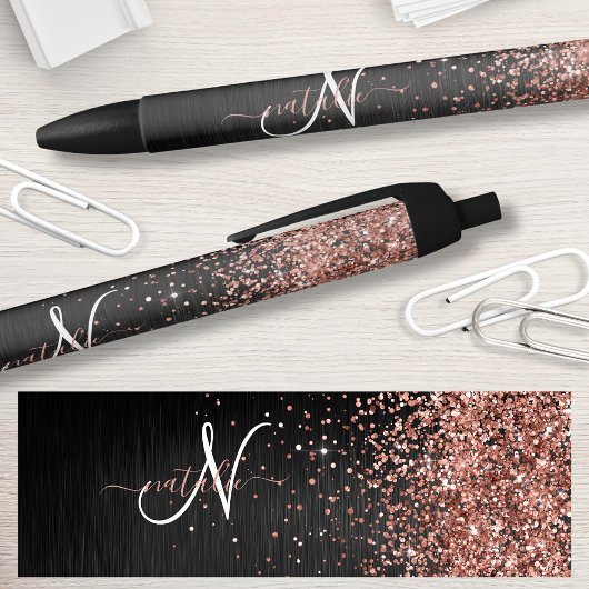 Aangepast Roos Gold Glitter Black Sparkle Monogram Zwarte Inkt Pen