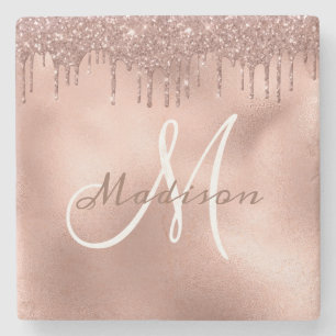 Aangepast Roos Gold Glitter Monogram op maat Stenen Onderzetter