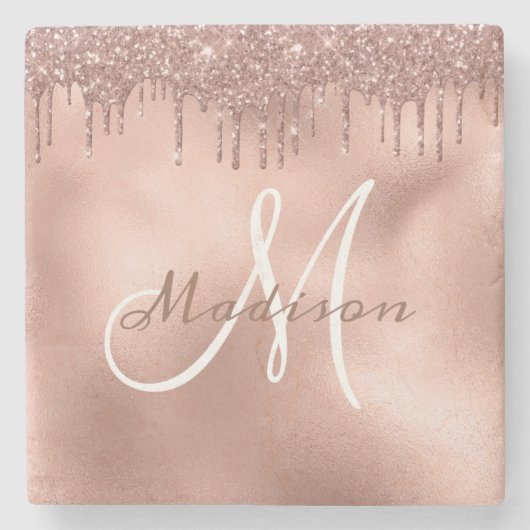 Aangepast Roos Gold Glitter Monogram op maat Stenen Onderzetter (Voorkant)