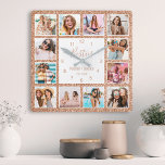 Aangepast Roos gouden glitter voor fotocollage Vierkante Klok<br><div class="desc">Maak deze trendy elegante witte en roos gouden faux glitter foto collage wandklok uniek met 12 van uw favoriete foto's met uw beste vriend(in). Het ontwerp kenmerkt ook modern handgeschreven manuscript "Besties",  uw namen en de datum u ontmoette.</div>