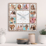Aangepast Roos gouden glitter voor fotocollage Vierkante Klok<br><div class="desc">Maak deze trendy elegante witte en roos gouden faux glitter foto collage wandklok uniek met 12 van uw favoriete foto's met uw beste vriend(in). Het ontwerp kenmerkt ook modern handgeschreven manuscript "Besties",  uw namen en de datum u ontmoette.</div>