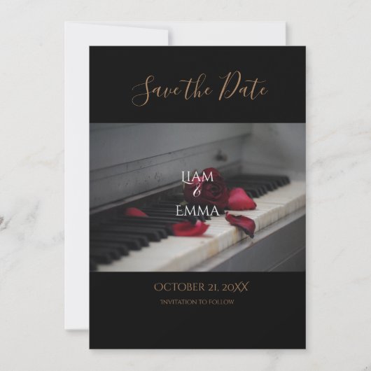 Aangepast Roos met Piano Red Floral Wedding Save The Date (Voorkant)