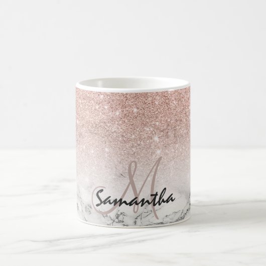 Aangepast roos roze glitter ombre witte marmer koffiemok (Center)