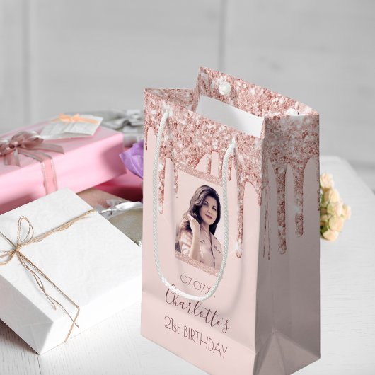 Aangepast roos voor fotoverjaardag gouden glitter  klein cadeauzakje