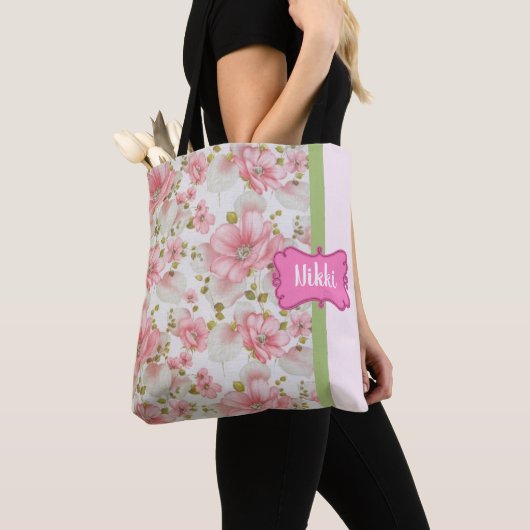 Aangepast roze bloemontwerp tote bag (Dichtbij)