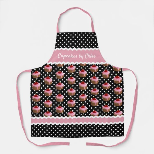 Aangepast roze cupcakes pokadots patroon op zwart schort (Voorkant)