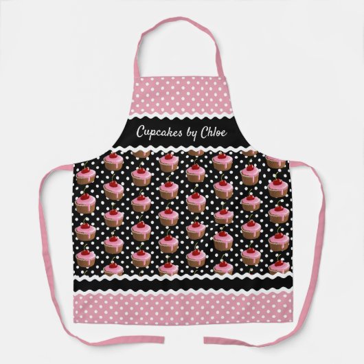Aangepast roze cupcakes pokadots patroon op zwart schort (Voorkant)