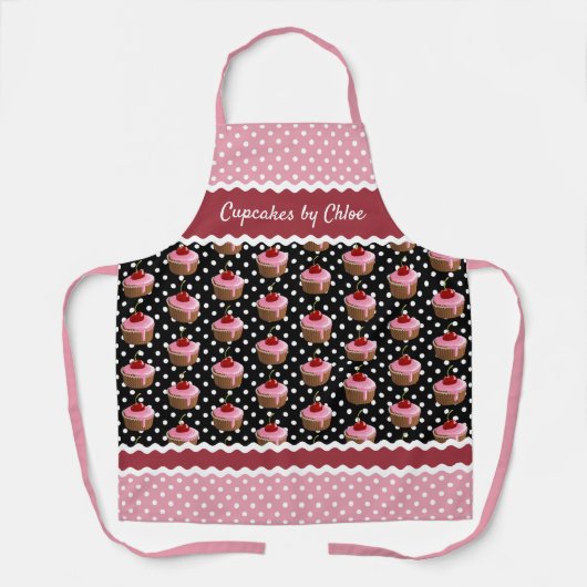 Aangepast roze cupcakes pokadots patroon op zwart schort (Voorkant)