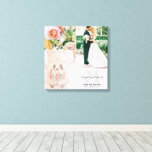 Aangepast roze Damask Monogram Weddenfoto Collage Canvas Afdruk (Insitu (Houten vloer))