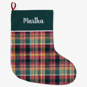 Aangepast roze en groen geruit gingham patroon grote kerstsok