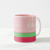 aangepast roze en groen monogram met strepen tweekleurige koffiemok (Voorkant rechts)