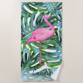 Aangepast roze Flamingo Tropical Leaves Modern Strandlaken