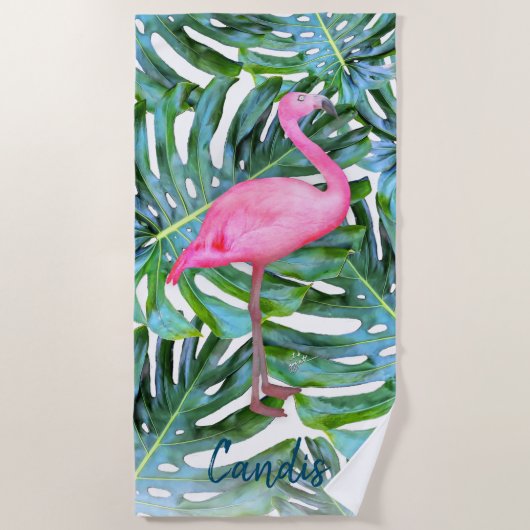 Aangepast roze Flamingo Tropical Leaves Modern Strandlaken (Voorkant)