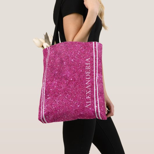 Aangepast roze glitter en witte strepen Moderne ar Tote Bag (Dichtbij)