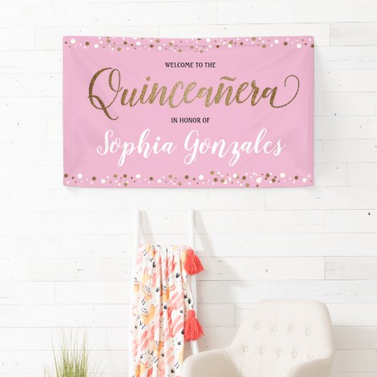 Aangepast roze goud confetti Quinceanera Birthday Spandoek (Insitu)