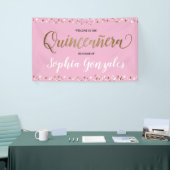 Aangepast roze goud confetti Quinceanera Birthday Spandoek (Beurs)