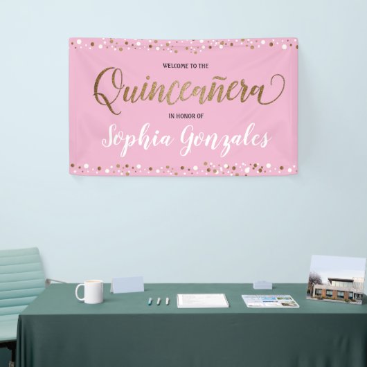 Aangepast roze goud confetti Quinceanera Birthday Spandoek (Beurs)