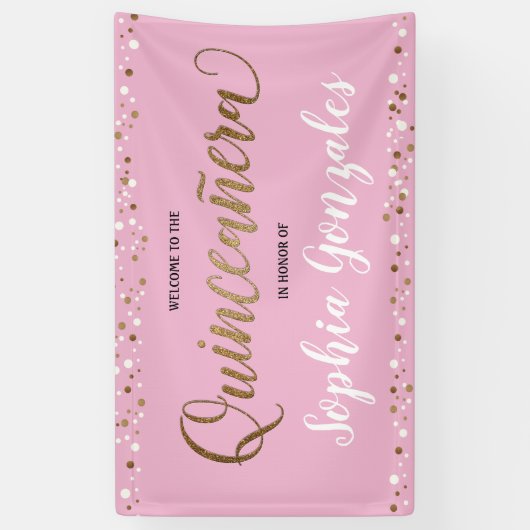 Aangepast roze goud confetti Quinceanera Birthday Spandoek (Verticaal)
