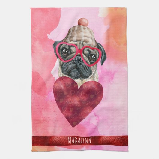 Aangepast roze Hondenliefhebber Valentijn Gift Pug Theedoek (Verticaal)