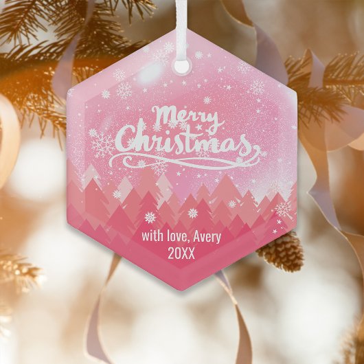 Aangepast roze kristalsneeuwbos met kerst glas ornament