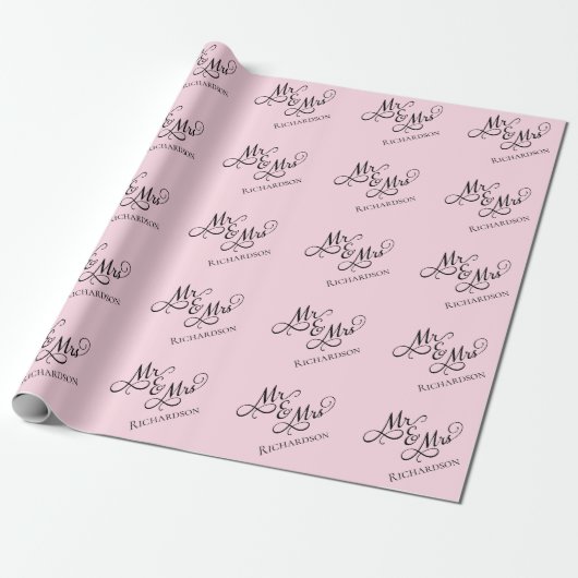 Aangepast Roze Mr en Mrs Script Cadeaupapier (Uitgerold)