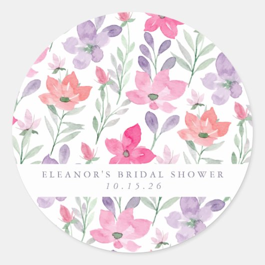 Aangepast roze Paarse Waterverf Floral Vrijgezelle Ronde Sticker (Voorkant)