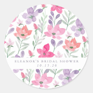 Aangepast roze Paarse Waterverf Floral Vrijgezelle Ronde Sticker