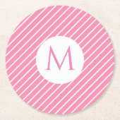 Aangepast roze witte strepen Trendy Monogram Moder Ronde Kartonnen Onderzetter (Voorkant)