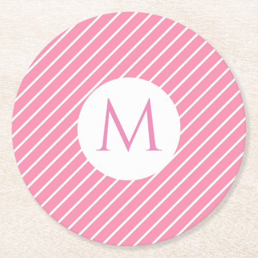 Aangepast roze witte strepen Trendy Monogram Moder Ronde Kartonnen Onderzetter (Voorkant)