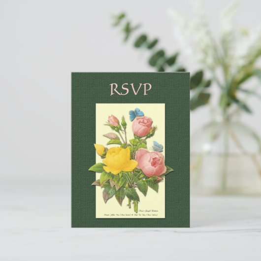 Aangepast RSVP Briefkaart voor botanische roze roz (Staand voorkant)