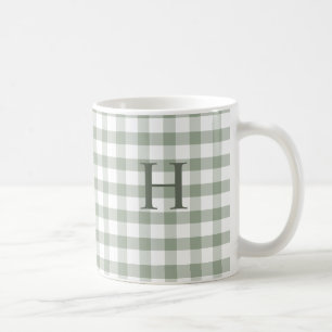 Aangepast Sage Olijfgroen Gingham Modern Monogram Koffiemok